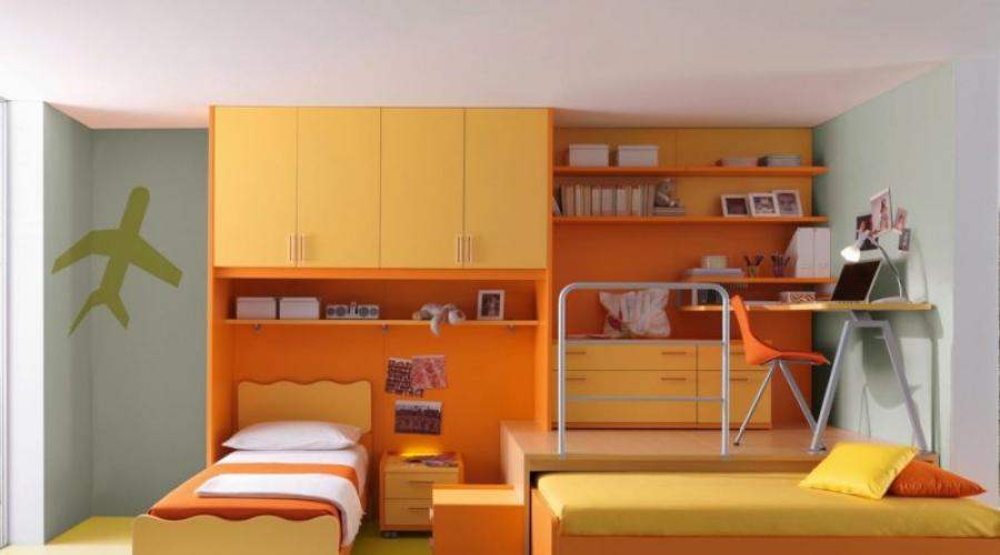 Pomarańczowy kolor we wnętrzu dziecięcego pokoju.  Pomarańczowy nastrój: pomarańczowy kolor we wnętrzu