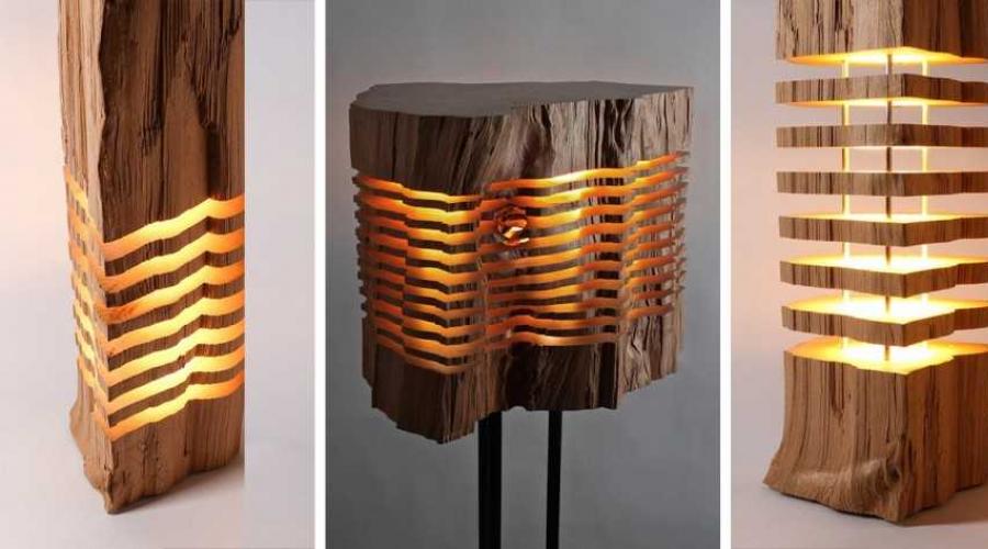 چراغ رومیزی خانگی ساخته شده از چوب.  لامپ های سقفی چوبی: مزایا و معایب مواد، خود تولید وسایل روشنایی.  لامپ چوب دریفت